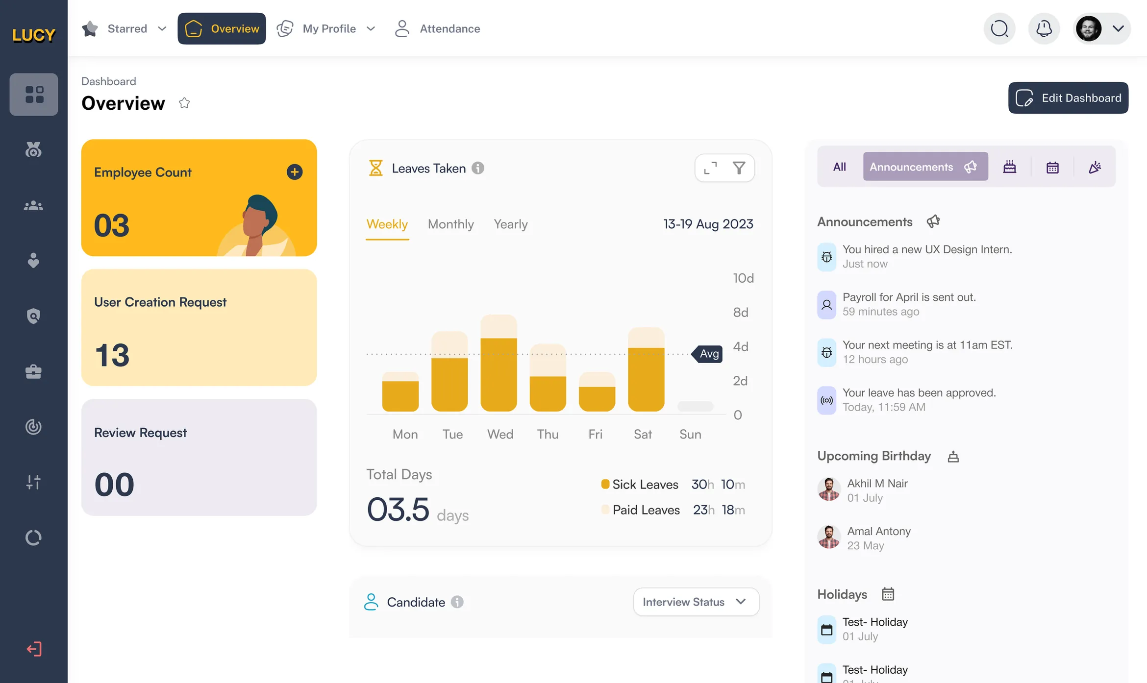 Lucy HR dashboard showing employee count, leaves taken, announcements and upcoming birthdays